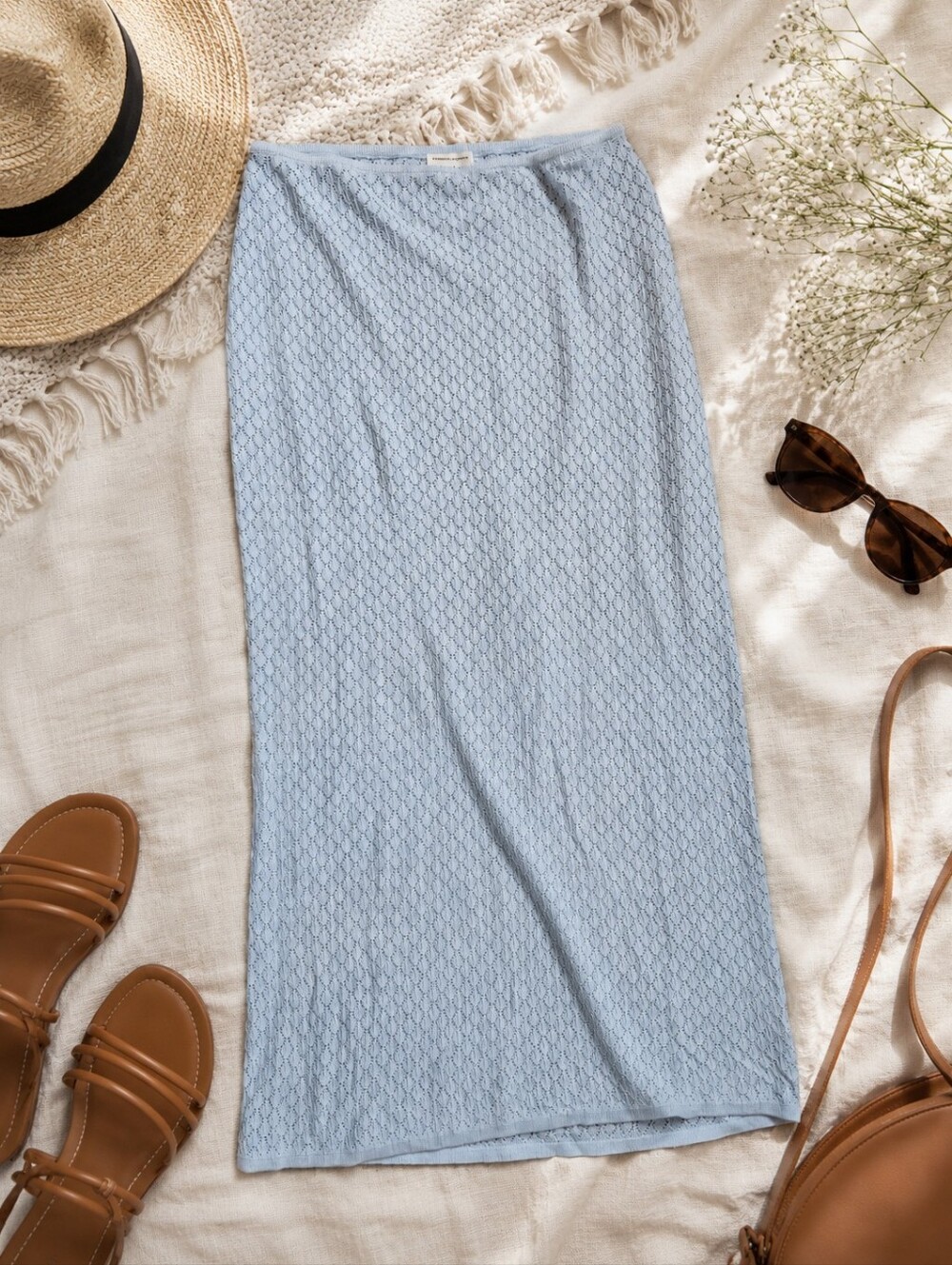 Sabo Nylah Crochet Knit Maxi Skirt Sheer Blue Boho Beachy Size XL